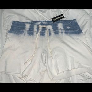 White Cotton Drawstring Shorts with Blue Tie-Dye